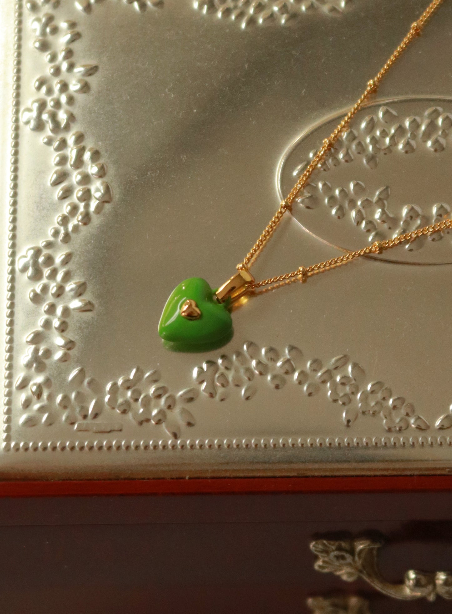 Green Enamel Heart Charm Necklace