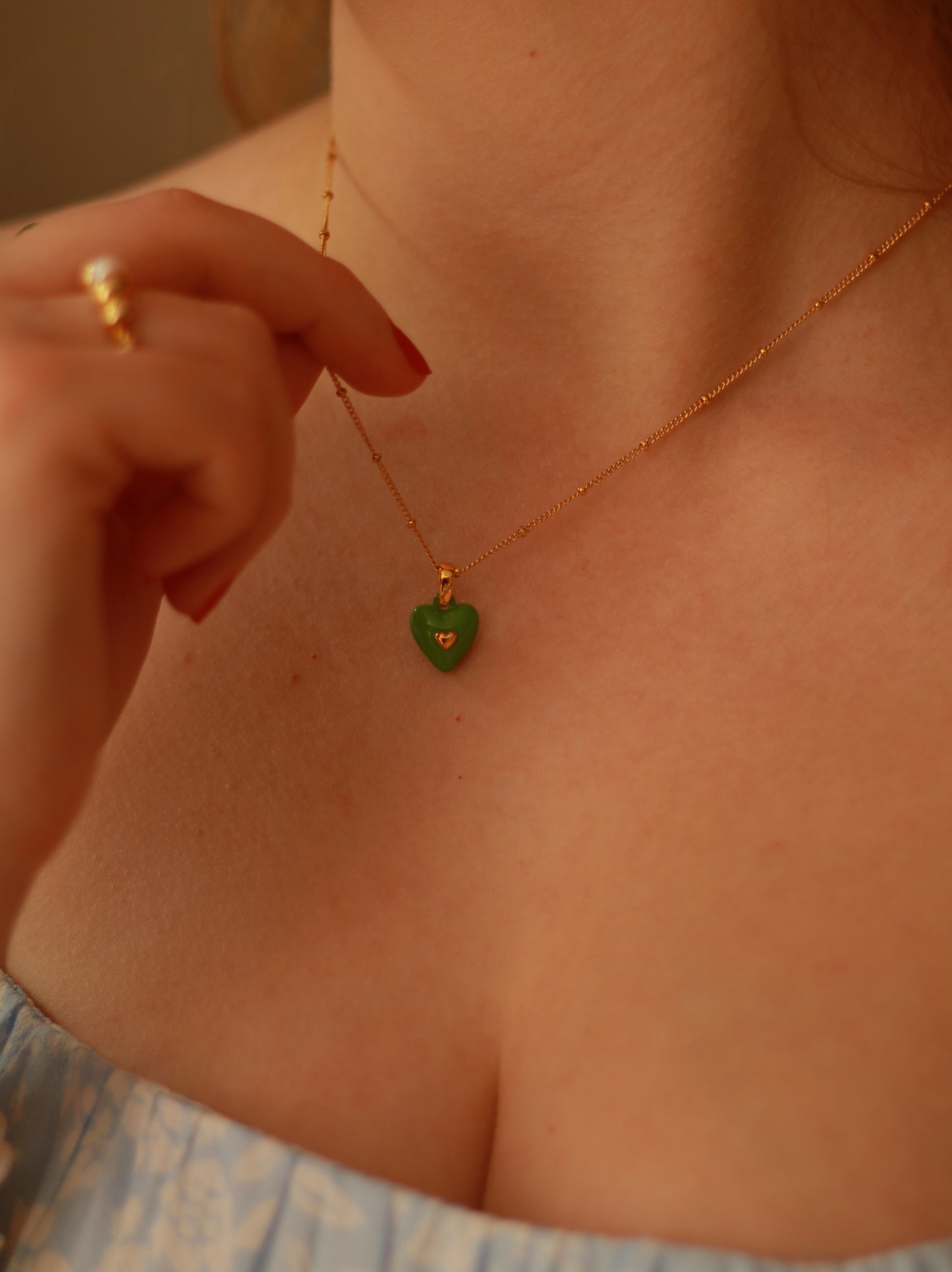 Green Enamel Heart Charm Necklace