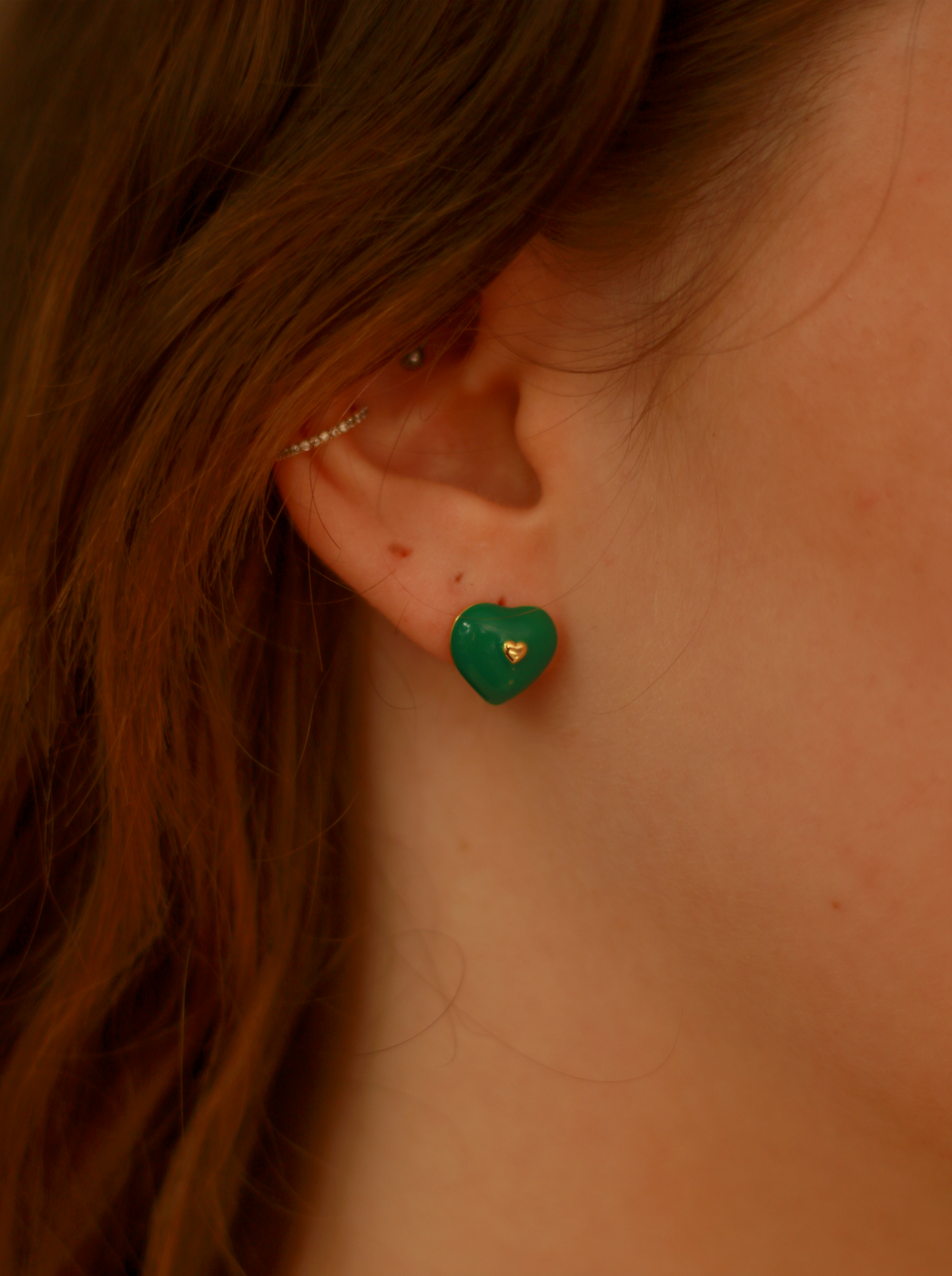 Green Enamel Heart Stud Earrings