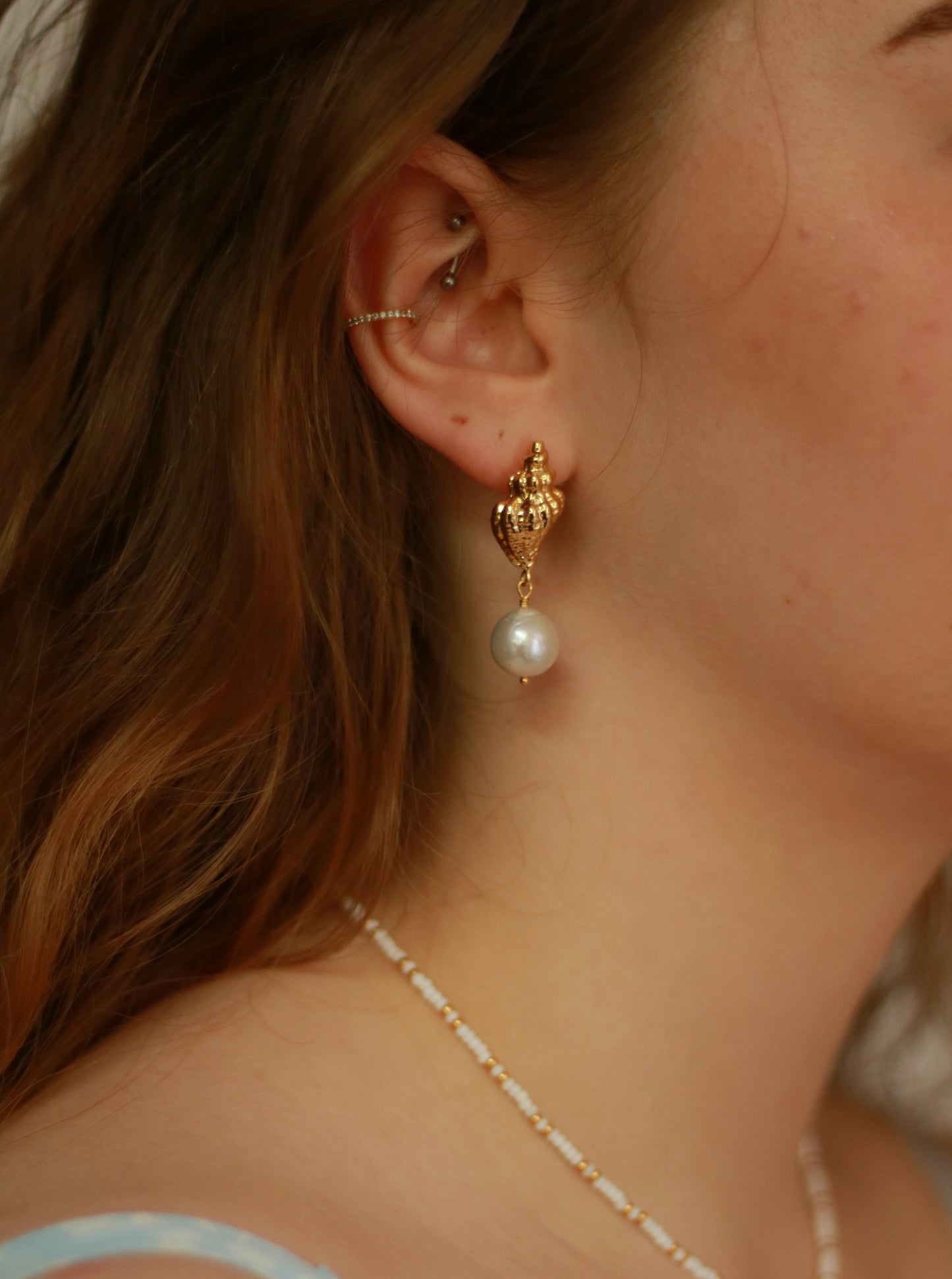 Conch Shell and Pearls Earrings